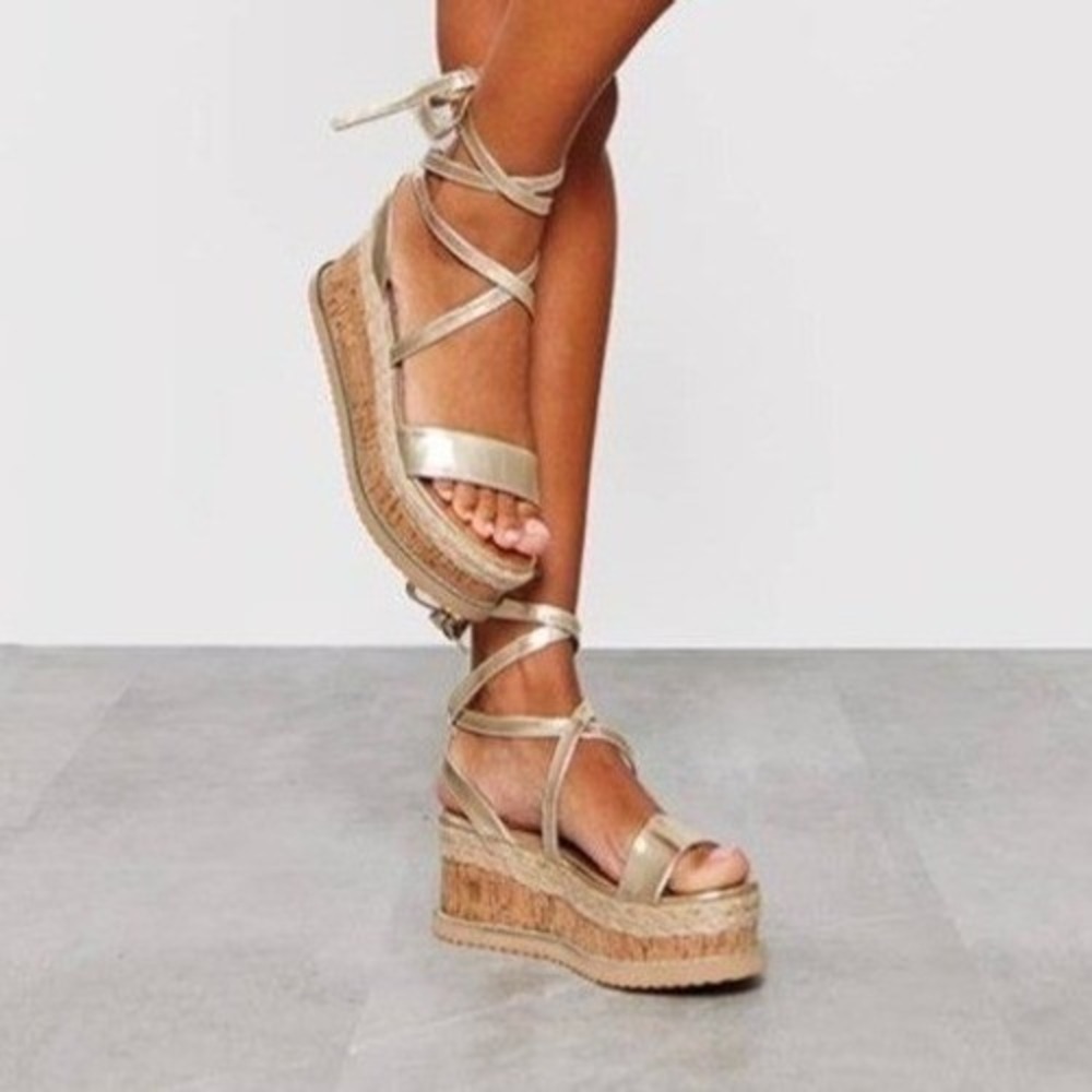 Pretty Little Thing US 5 Metallic Gold Espadrille Lace Up Platform Sandals